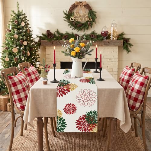 WHOMEAF Red Green Dahlia Burlap Table Runner 90 Inch – Christmas & New Year