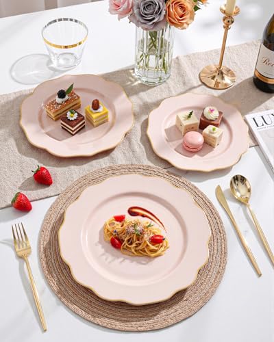 Pink and Gold Disposable Plastic Plates Set - 180 Pieces, Dinner & Dessert Includes Cutlery & Cups - Pink Gold