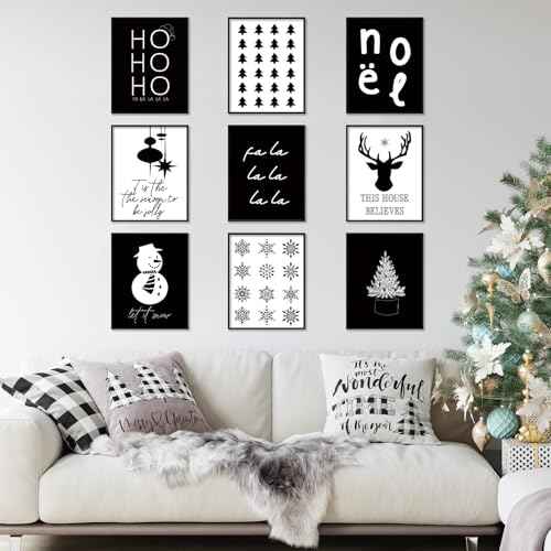 Whaline 9Pcs Christmas Wall Art Prints Xmas Tree Snowflake Paper Posters White Black Aesthetic Pictures for Home Office Room Gallery Party, 8 x 10 Inch, Unframed