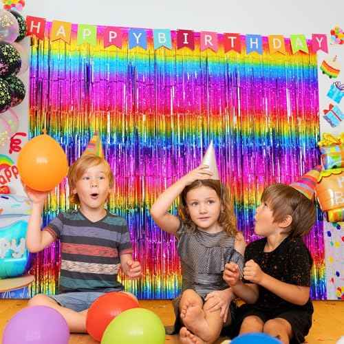Sparkly Neon Rainbow Foil Fringe Curtain Backdrop Metallic Streamers Photo Booth Props for Birthday Bachelorette Gay Pride Day Graduation Wedding 80s 90s Disco Party Decorations- 2 Packs (3.3x6.6Ft)