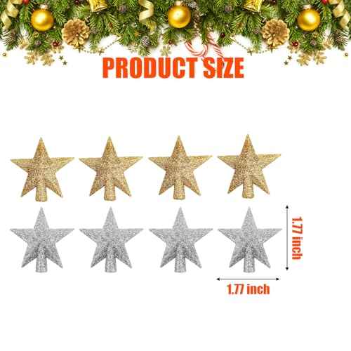 8 Pcs Mini Christmas Tree Topper Mini Star Tree Topper 1.77 Inch Christmas Star Treetop for Small Tree Christmas Holiday Ornaments Decoration (Glitter Gold Silver)