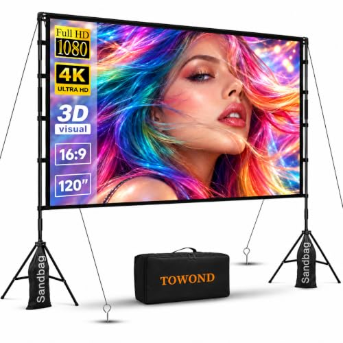 Towond 120 Inch Portable Projector Screen with Stand, 4K HD Indoor Outdoor Movie Display