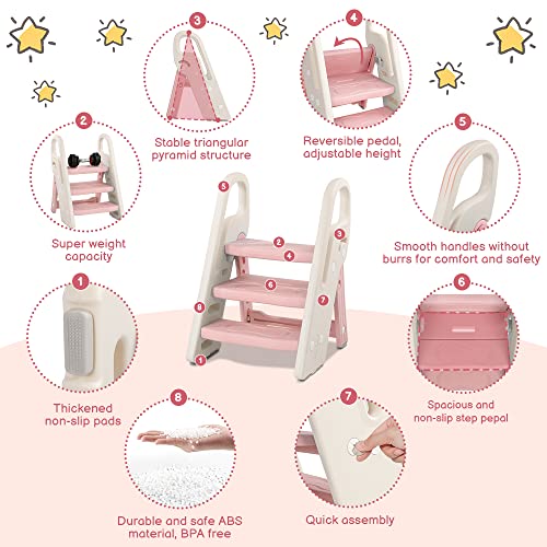 Pink Foldable Toddler Step Stool with Handles - Adjustable Bathroom Sink & Kitchen Helper