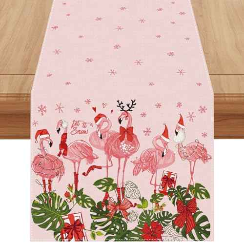 Linen Pink Hawaiian Tropical Flamingo Christmas Table Runner 72 Inches Long Hawaii Beach Christmas Xmas Winter Holiday Home Kitchen Table Decorations