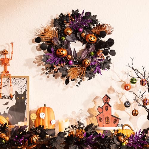 Halloween Pumpkin Wreath for Front Door Decor - 18 Inch Fall Autumn Welcome