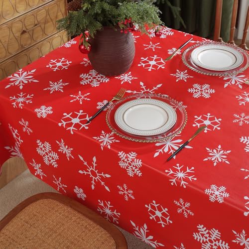 Honellaty Christmas Table Cloth for Rectangle Tables, White Snowflake Print Wipe Clean Vinyl Tablecloth, Red Waterproof PVC Plastic Table Cover for Indoor, Outdoor, Holiday Party Use 60 x 120 Inches