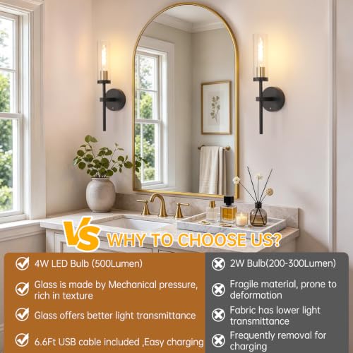 Rechargeable Wall Sconce Set of 2 Black & Gold with Clear Glass Shade - Remote Control, 5200mAh Battery, 3 Color Temperatures, No Hardwiring