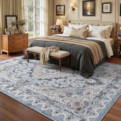 Blue Washable Area Rug 6x9 Ft - Vintage Geometric Floral Flat-Back Carpet