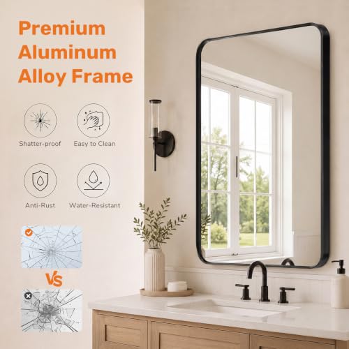 Sweetcrispy Black Bathroom Wall Mirror 40x30 Inch Over Sink Shatterproof