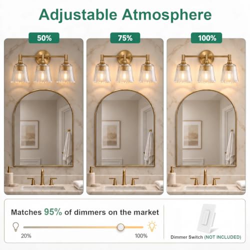 Gold 3-Light Bathroom Vanity Light Fixture with Ribbed Glass - Wall Sconce - Variation of THIS listing