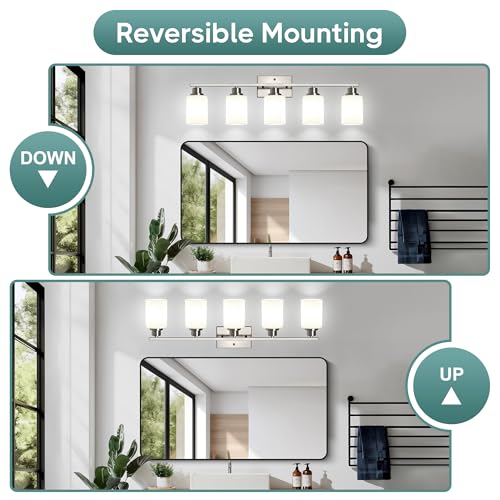Brushed Nickel 5-Light Vanity Light Fixture with Frosted Glass Shades - Wall Sconce for Bathroom & Living Room - Includes Mounting Hardware