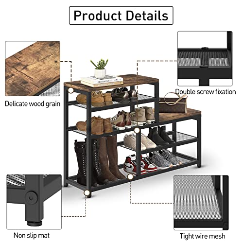5-Tier Shoe Storage Bench with Seat - Industrial Brown Shoe Rack Organizer