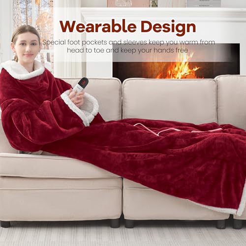 MAXEVE Heated Wearable Blanket with Foot Pocket & Sleeves - Wine, Long