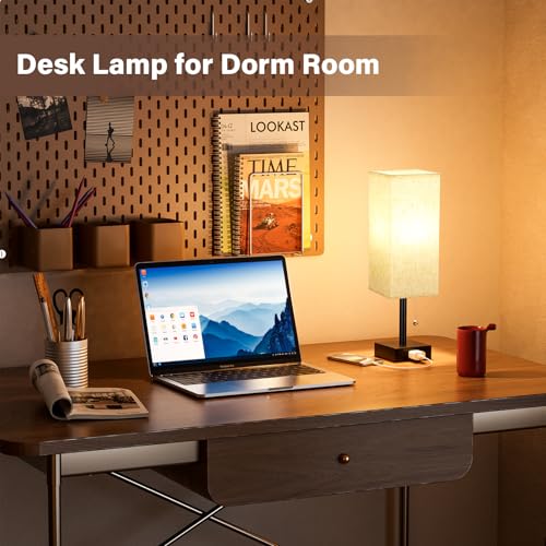 Fenmzee Cream Bedside Lamp Set of 2 - Small Nightstand Lamps with 3-Color Temp & USB Outlets