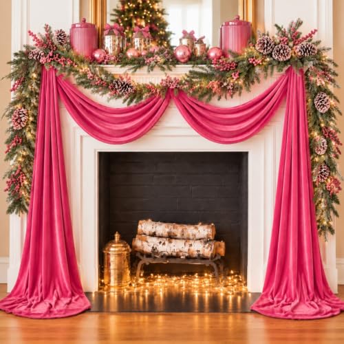 Pink Velvet Christmas Mantel Garland 16.4 ft with Ties & Pins (Brand: Teyva Daily) - Extra-Long Winter Decor