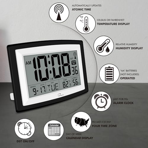 Large WallarGe Atomic Digital Clock with Indoor Temperature & Humidity – 12.5 Inch