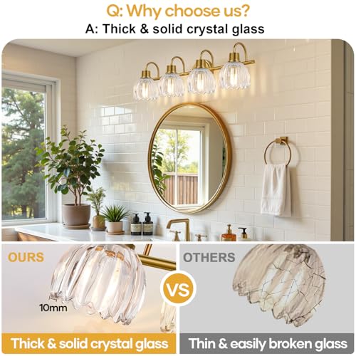 4-Light Bathroom Vanity Light Fixture - Brushed Gold with Tulip Clear Glass Shade, Over Mirror for Bathroom, Bedroom, Hallway - Variation: Brushed Gold - Tulip Clear