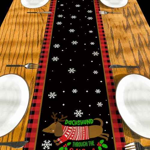 Dachshund Christmas Table Runner Christmas Dog Table Cover Buffalo Plaid Christmas Decor Dachshund New Year Xmas Decor Christmas Decorations for Home Party