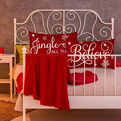2 Pieces Christmas Pillow Covers 12 x 20 Inch Xmas Believe Throw Pillow Cases Red Cushion Cover Rectangle Xmas Linen Pillowcases for Home Bedroom Couch Sofa Christmas Decorations