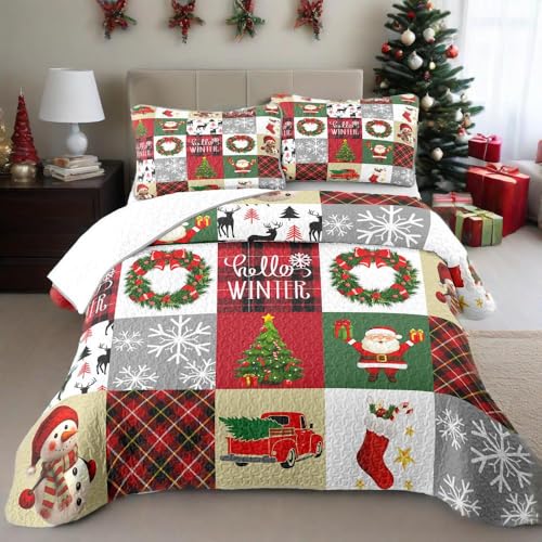 King Size Christmas Quilt Set with Patchwork Santa Snowman Tree - Microfiber Bedding