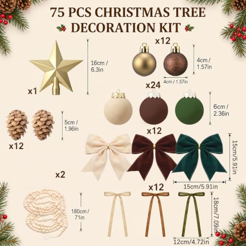 Soulchen Neutral Christmas Ornaments Set - 75 Pcs Rustic Holiday Decor