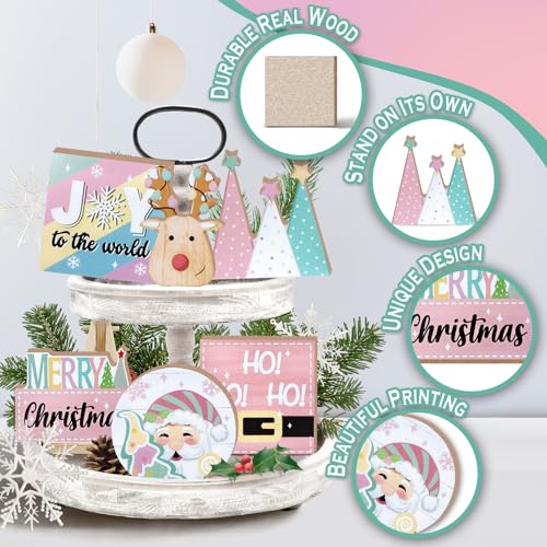 Merry Christmas Tiered Tray Decor, Pink Xmas Tree Santa Deer
