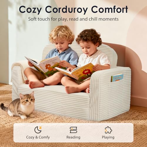 Cream 2-in-1 Convertible Toddler Sofa Chair with Blanket - Foryoomi Kids Couch