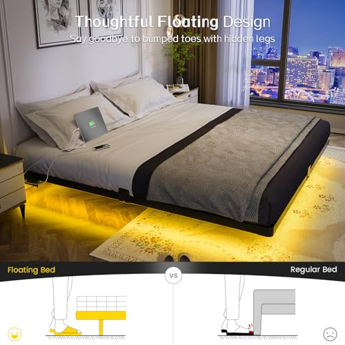 King Size Floating Bed Frame with LED Lights & Charging Station - Metal Support