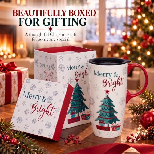 Topadorn 17oz Christmas Tree Ceramic Travel Mug with Lid - Merry & Bright