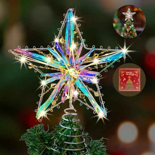 Colorful Reflective Christmas Tree Topper, 10 INCH Star for Christmas Tree Top, 15 LED Lights Xmas Ornaments Topper, Lighted Metal Tree Topper Star for Christmas Decoration Xmas Tree Decoration