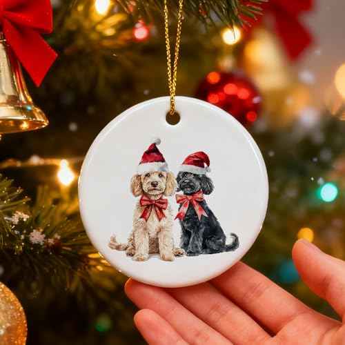 JINYO Goldendoodle Ornament, Golden Doodle Gifts, Golden Doodle Ornaments for Christmas Tree, Funny Santa Goldendoodle Xmas Decorative Hanging Ceramic Ornaments