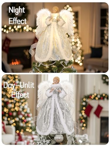 HOHOTIME Silver 14'' Angel Tree Topper with White Feather Wings & LED Light