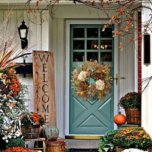 WANNA-CUL 24 Inch Fall Wreath with Hydrangea & Mini Pumpkins - Rustic Autumn Front Door Decor (10-Rustic Hydrangea Variant)