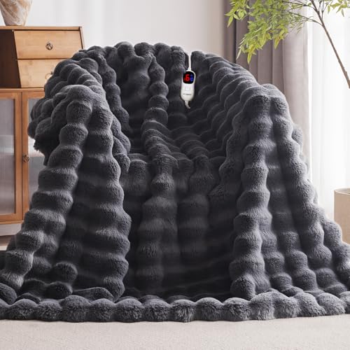Electric Heated Blanket Throw with 6 Heat Levels, Auto-Off Timer 62x84 Dark Grey Faux Rabbit Fur