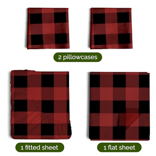 CGK Christmas Sheet Set - Holiday Xmas Bedding Buffalo Plaid, Queen