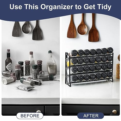 AOZITA Black Spice Rack Organizer with 28 Jars, Labels & Funnel - Kitchen Storage