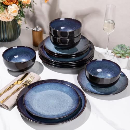 Ceramic Dinnerware Set for 6 - 18Pcs Porcelain Plates & Bowls, Dreamy Moonlight Blue