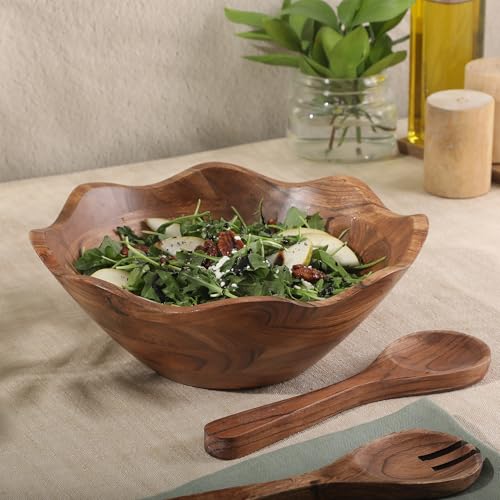 Acacia Wood Salad Bowl Set with Servers - 12-Inch Rustic Serving Dish with Utensils - Sandhurst / Acacia Wood 3-Piece Set
