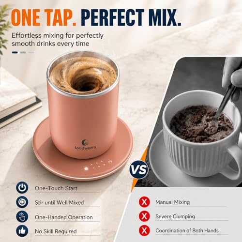 Self Heated Stirring Coffee Mug - 10oz Rose Auto Mixing Cup with Warmer - Dusty Rose Variation