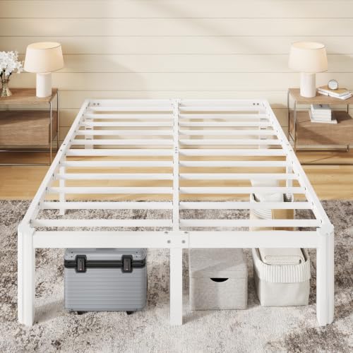 Allewie White Metal Full Bed Frame 14 Inch Tall with Rounded Corners & Storage