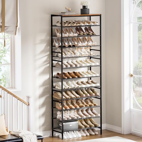 Rustic Brown 12-Tier Metal Shoe Rack with Wooden Top, 40-48 Pairs - UNITSTAGE