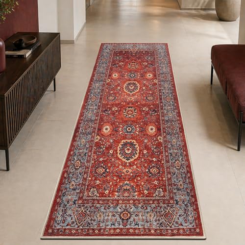 Vintage Washable Runner Rug 2'6 x 12' Non-Slip Low Pile - Red & Turquoise Blue