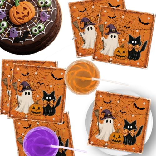 Litmitfu Halloween 40-Count Napkins (6.5 in) Orange Ghost Cat Pumpkin – Disposable Cocktail Dinner Napkins, Party Supplies, Variation: Halloween