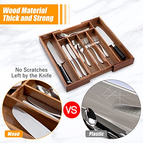 Brown Expandable Bamboo Silverware Drawer Organizer - 7 Slots Kitchen Utensil Tray
