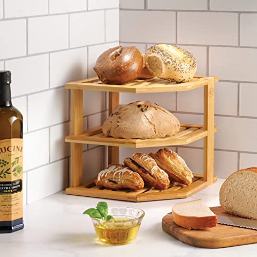 Bamboo Plate Organizer 3-Tier Corner Shelf Riser Set - Natural 2 Pack