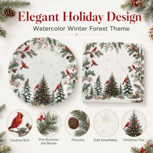 Christmas 50 Pcs Plates & Napkins Set - Cardinal Holiday Tableware, 7 Inch
