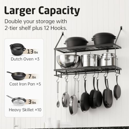 KES 30-Inch Black Wall Mount Pot Rack with 12 Hooks for Kitchen Storage