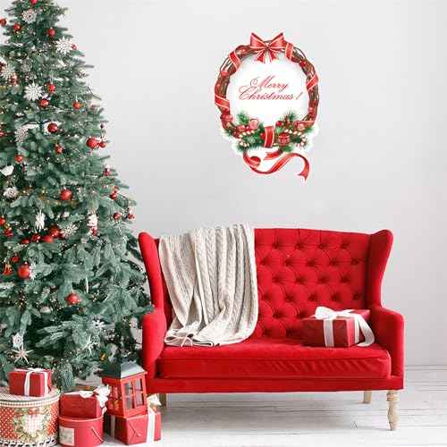 Merry Christmas Wreath Wall Sticker,Peel and Stick Removable Pine Branch Red Ribbon Christmas Wreath Decal for Door Wall Window Refrigerator Party Decoration