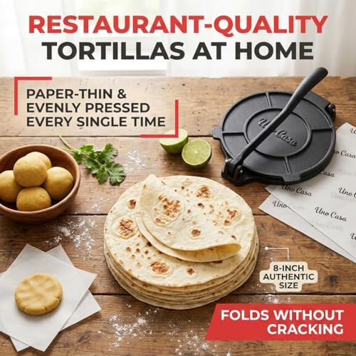 Uno Casa 8 Inch Cast Iron Tortilla Press Pre-Seasoned Flatbread Maker