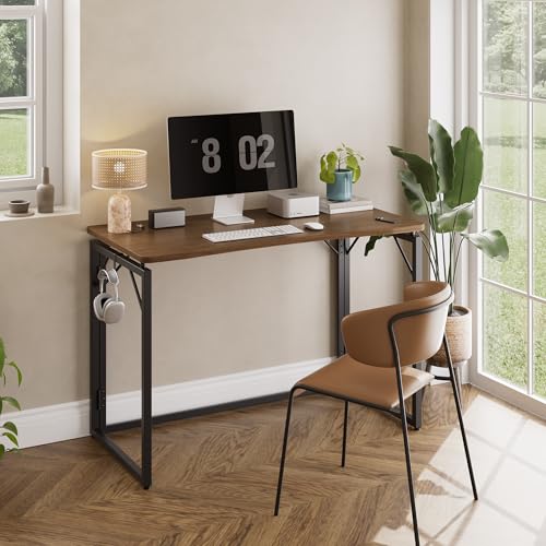 Brown 31.5-Inch Folding Desk - No Assembly Wooden Top, Small Space-Saving Table